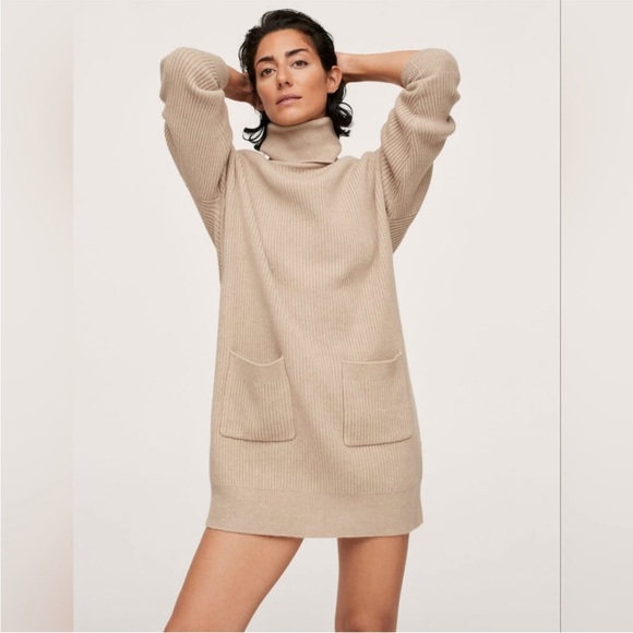 NWT MANGO beige ribbed sweater dress with pockets - Picture 3 of 7